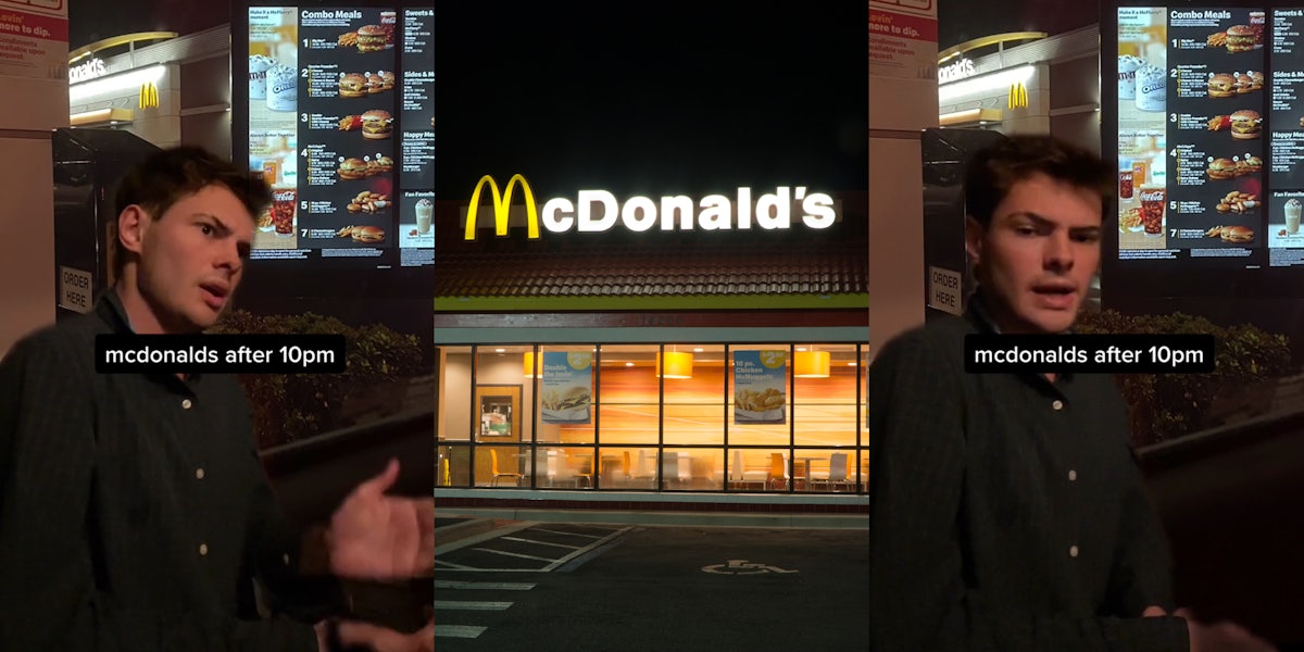 person greenscreen TikTok over image of McDonald's drive thru with caption 'mcdonalds after 10pm' (l) McDonald's building with sign at night (c) person greenscreen TikTok over image of McDonald's drive thru with caption 'mcdonalds after 10pm' (r)