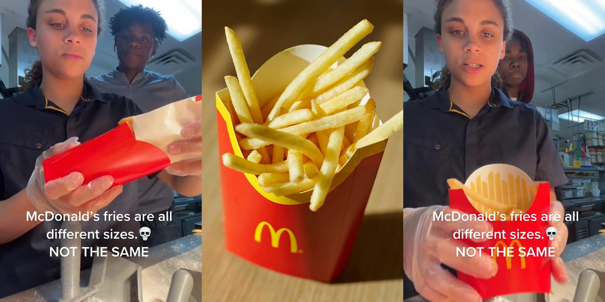 McDonald's employee pouring small fries into medium with caption "McDonald's fries are all different sizes. NOT THE SAME" (l) McDonald's fries in container on wooden surface (c) McDonald's employee holding medium fries container with small amount of fries inside with caption "McDonald's fries are all different sizes. NOT THE SAME" (r)