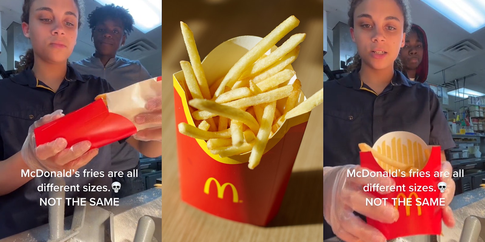 McDonald's employee pouring small fries into medium with caption 'McDonald's fries are all different sizes. NOT THE SAME' (l) McDonald's fries in container on wooden surface (c) McDonald's employee holding medium fries container with small amount of fries inside with caption 'McDonald's fries are all different sizes. NOT THE SAME' (r)