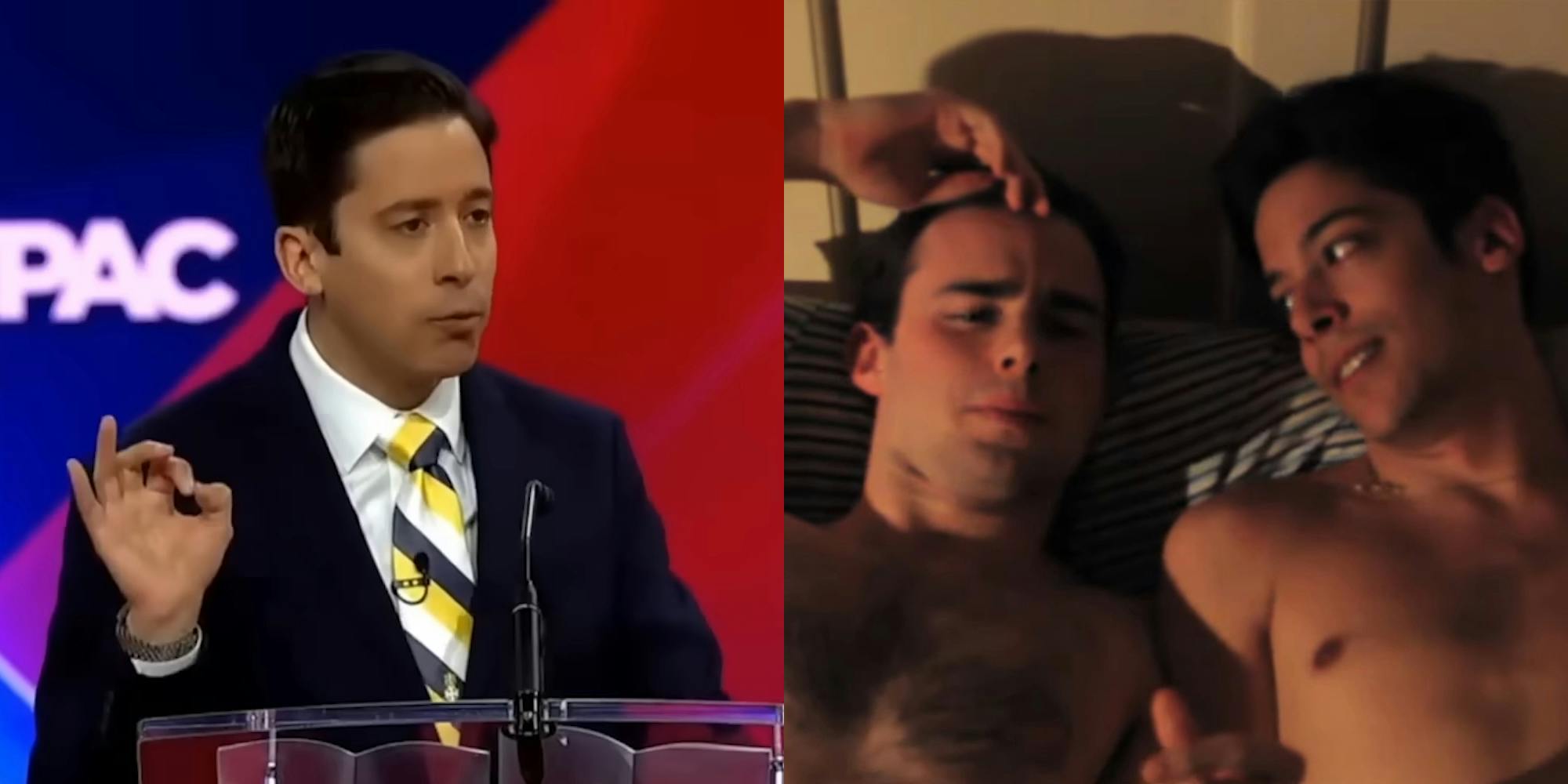 michael knowles at CPAC saying "Transgenderism must be eradicated" (l) michael knowles shirtless in bed with a man (r)