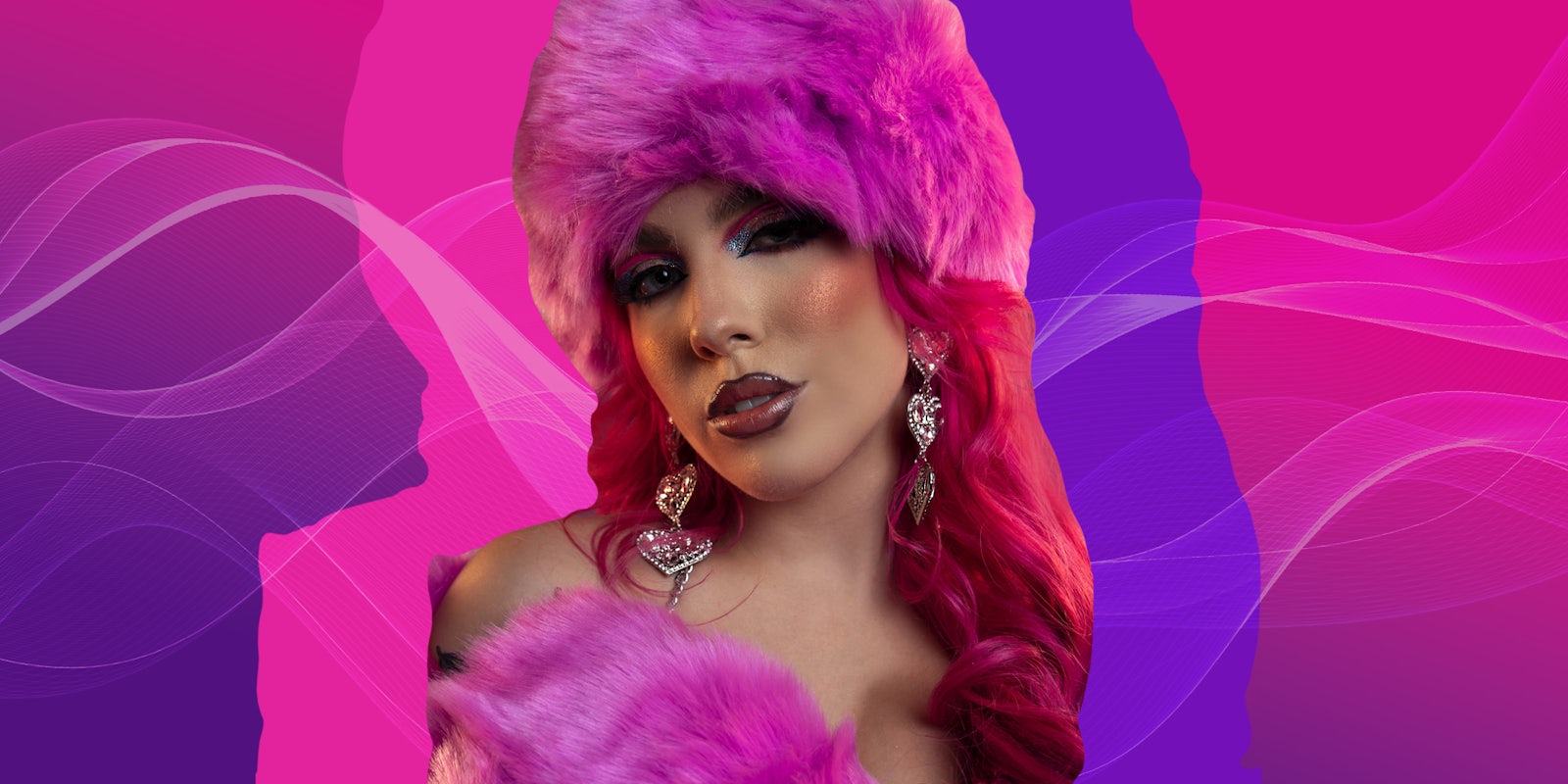 Chrissy Chlapecka in front of pink to purple gradient Passionfruit Remix