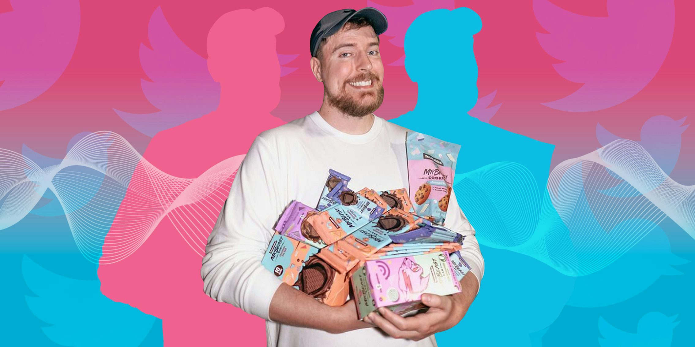 Mr Beast holding chocolate bars in front of pink to blue vertical gradient background Passionfruit Remix