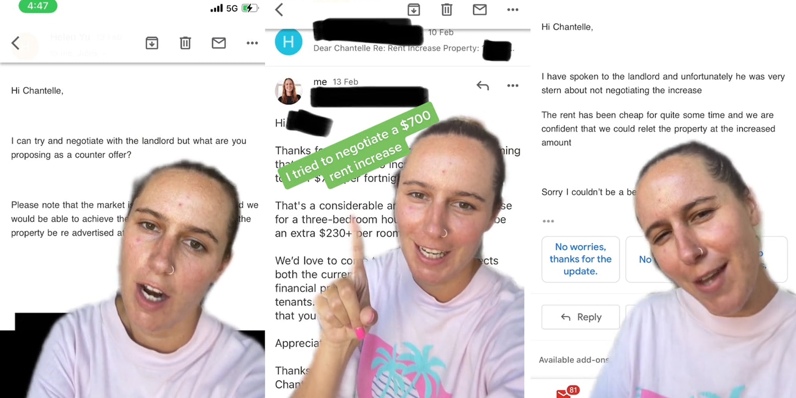 person greenscreen TikTok over email between real estate agent (l) person greenscreen TikTok over email between real estate agent with caption 'I tried to negotiate a $700 rent increase' (c) person greenscreen TikTok over email between real estate agent (r)