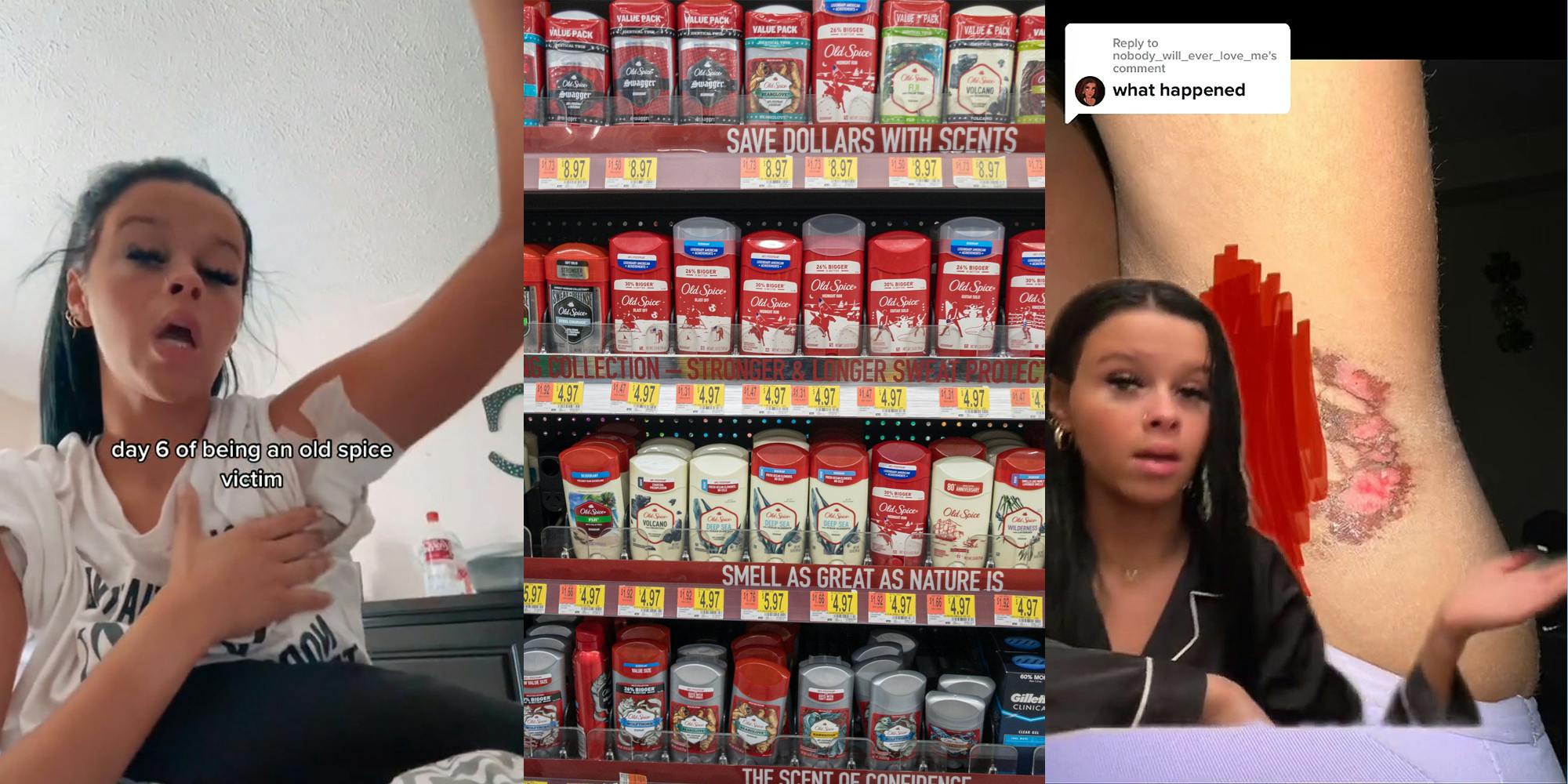 person holding up arm revealing bandage in armpit with caption "day 6 of being an old spice victim" (l) Old Spice deodorants on shelf at store (c) person greenscreen TikTok over image of chemical burn in armpit with caption "what happened" (r)