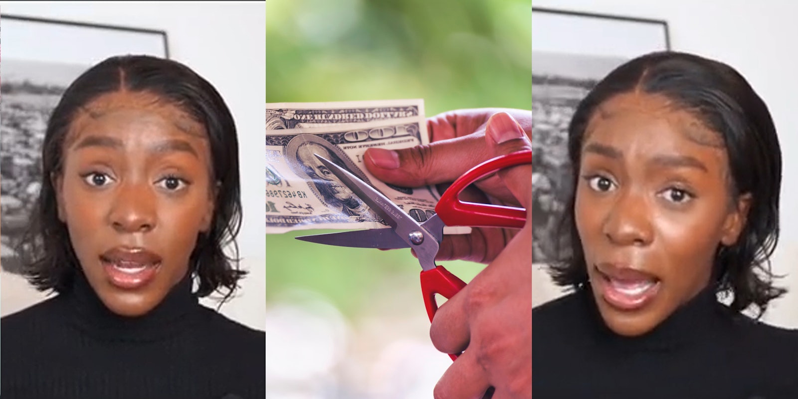 woman speaking in front of white wall with framed photo (l) hands holding scissors cutting cash in front of blurred green background (c) woman speaking in front of white wall with framed photo (r)