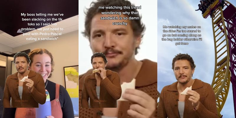 person with Pedro Pascal eating sandwich with caption "My boss telling me we've been slacking on the tiktoks so I said "no problem, we just need to post with Pedro Pascal eating a sandwich" (l) Pedro Pascal eating a sandwich with caption "me watching this trend wondering why that sandwich is so damn crunchy" (c) roller coaster with Pedro Pascal eating sandwich with caption "Me watching my mates on the rides I'm too scared to go on but coming along as the bag holder otherwise I'll get fomo" (r)