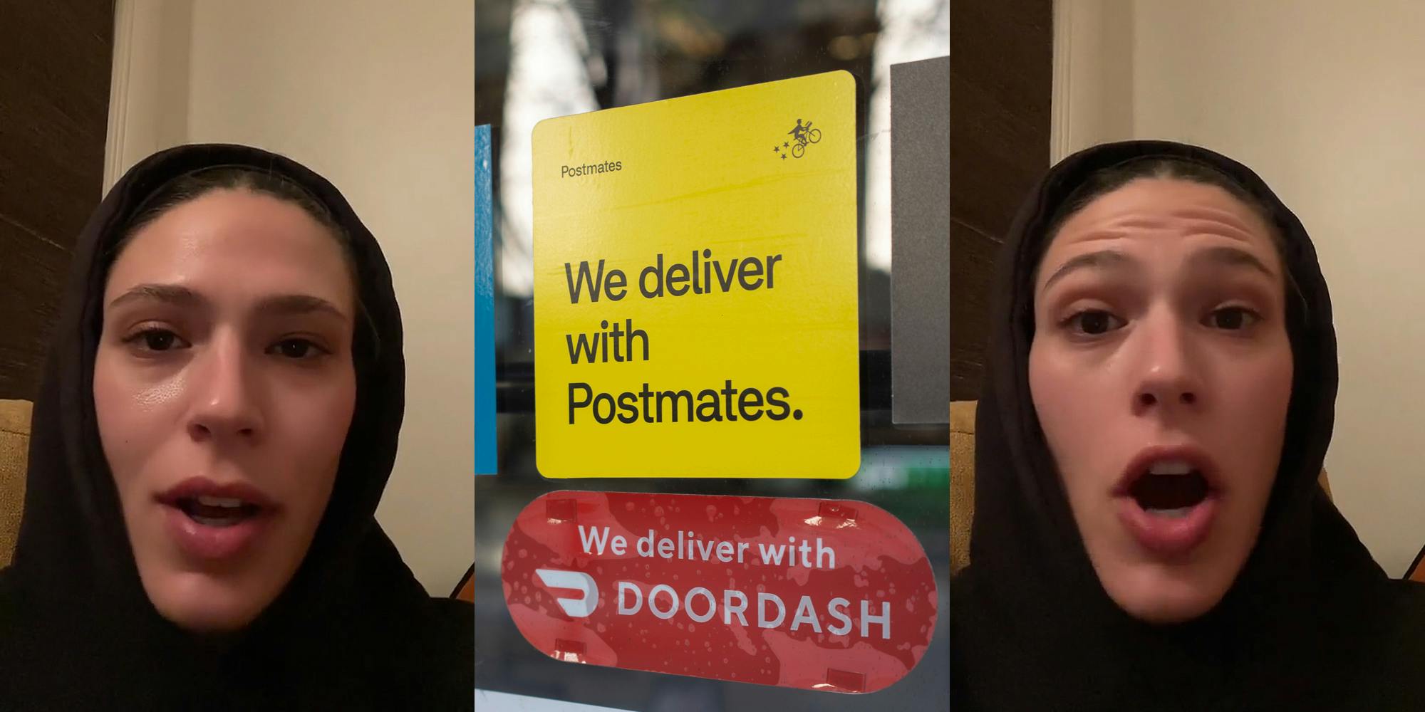 Postmates customer speaking in front of white wall (l) Postmates sign on window "We deliver with Postmates" (c) Postmates customer speaking in front of white wall (r)