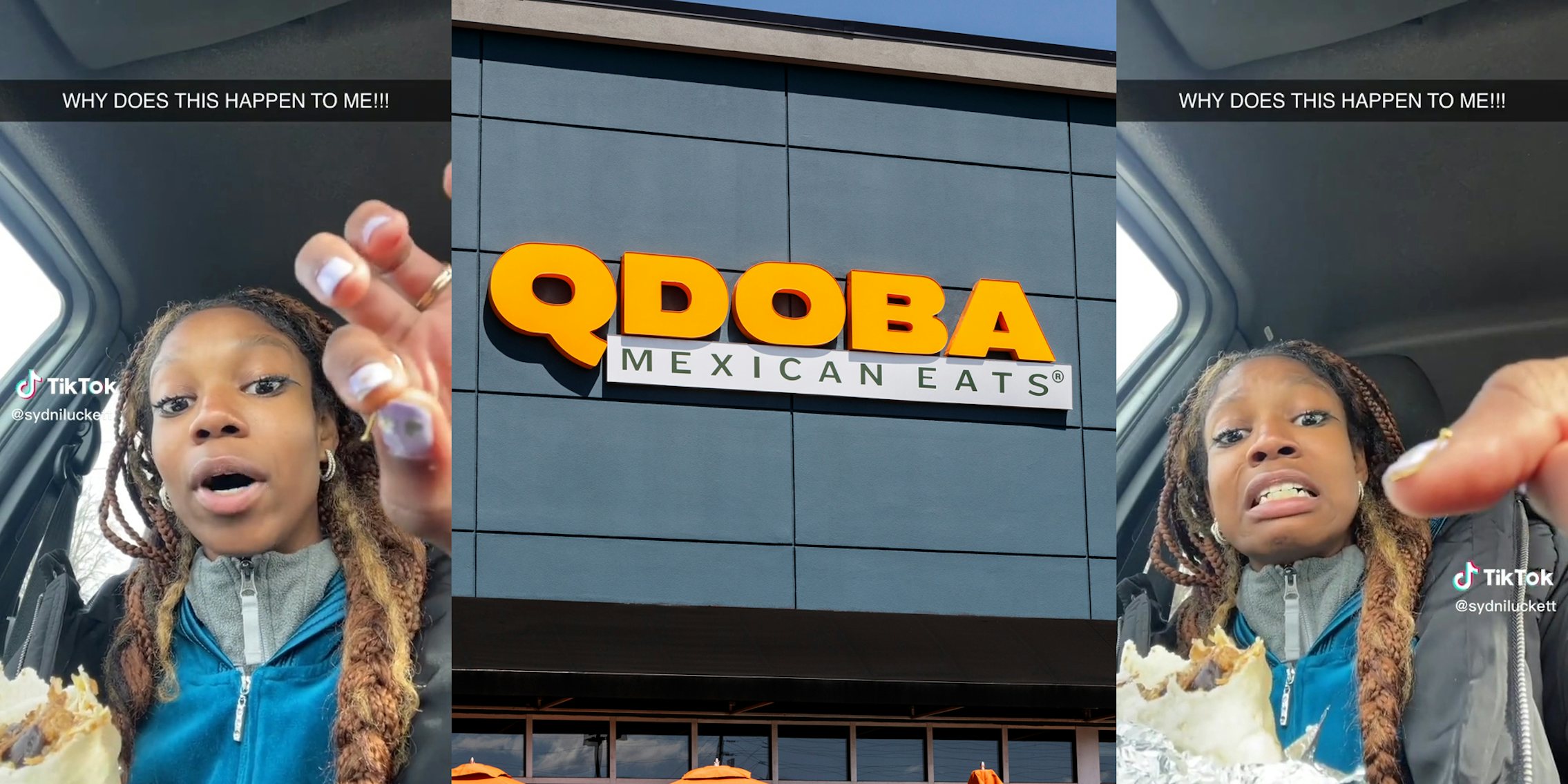 young woman showing nose ring pulled from Qdoba burrito