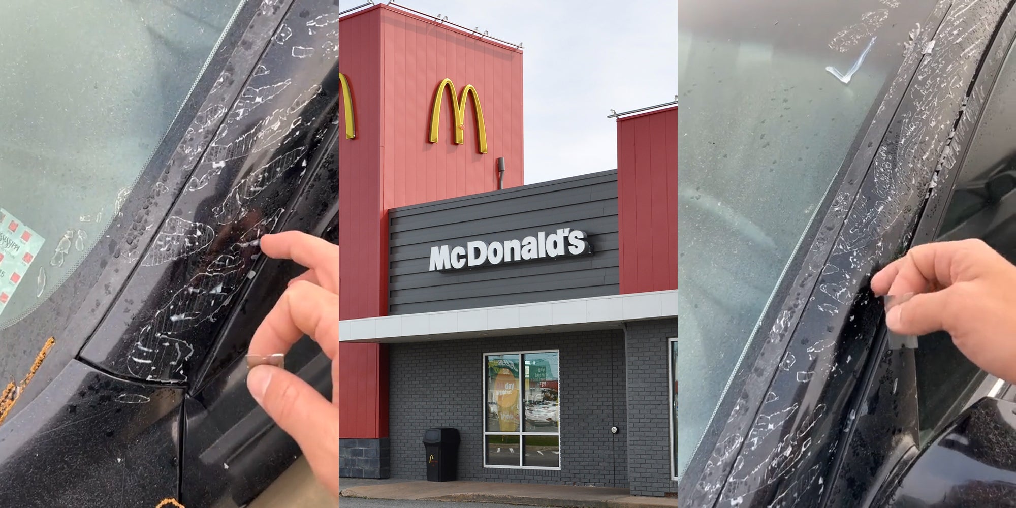 man scraping leftover crash wrap on car with blade (l) McDonald's building with signs (c) man scraping leftover crash wrap on car with blade (r)