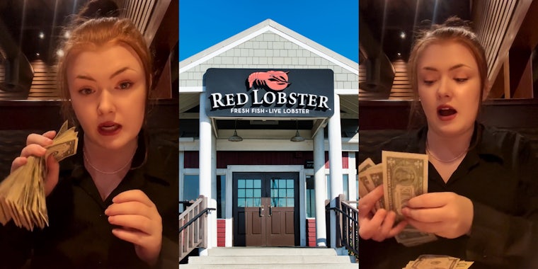 Red Lobster server holding cash speaking (l) Red Lobster sign on building entrance with blue sky (c) Red Lobster server speaking while counting cash (r)