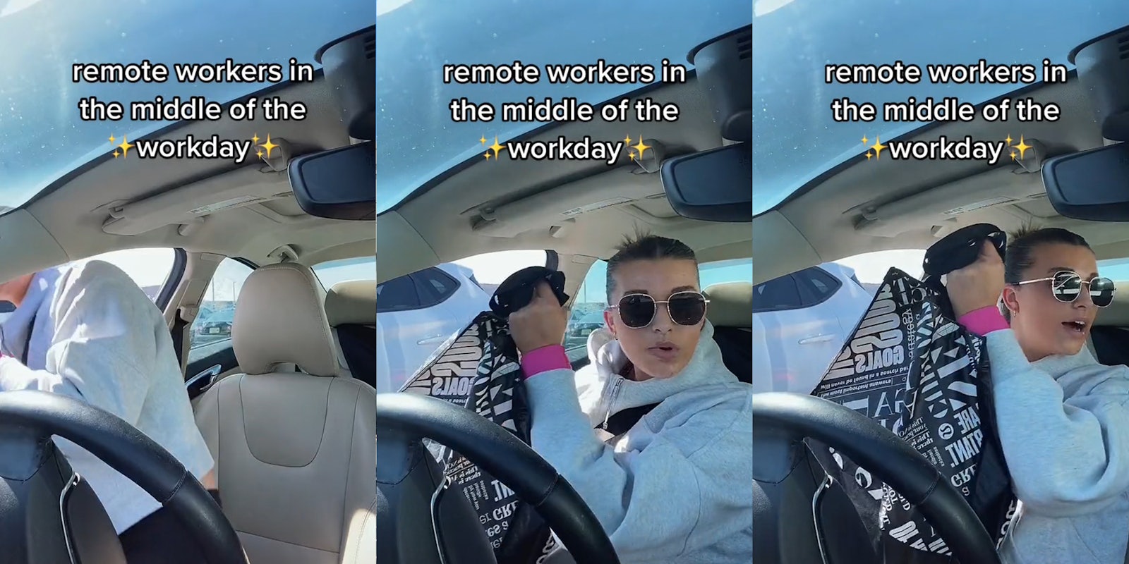 remote worker getting into car with caption 'remote workers in the middle of the day' (l) remote worker getting into car holding bag with caption 'remote workers in the middle of the day' (c) remote worker getting into car holding bag with caption 'remote workers in the middle of the day' (r)