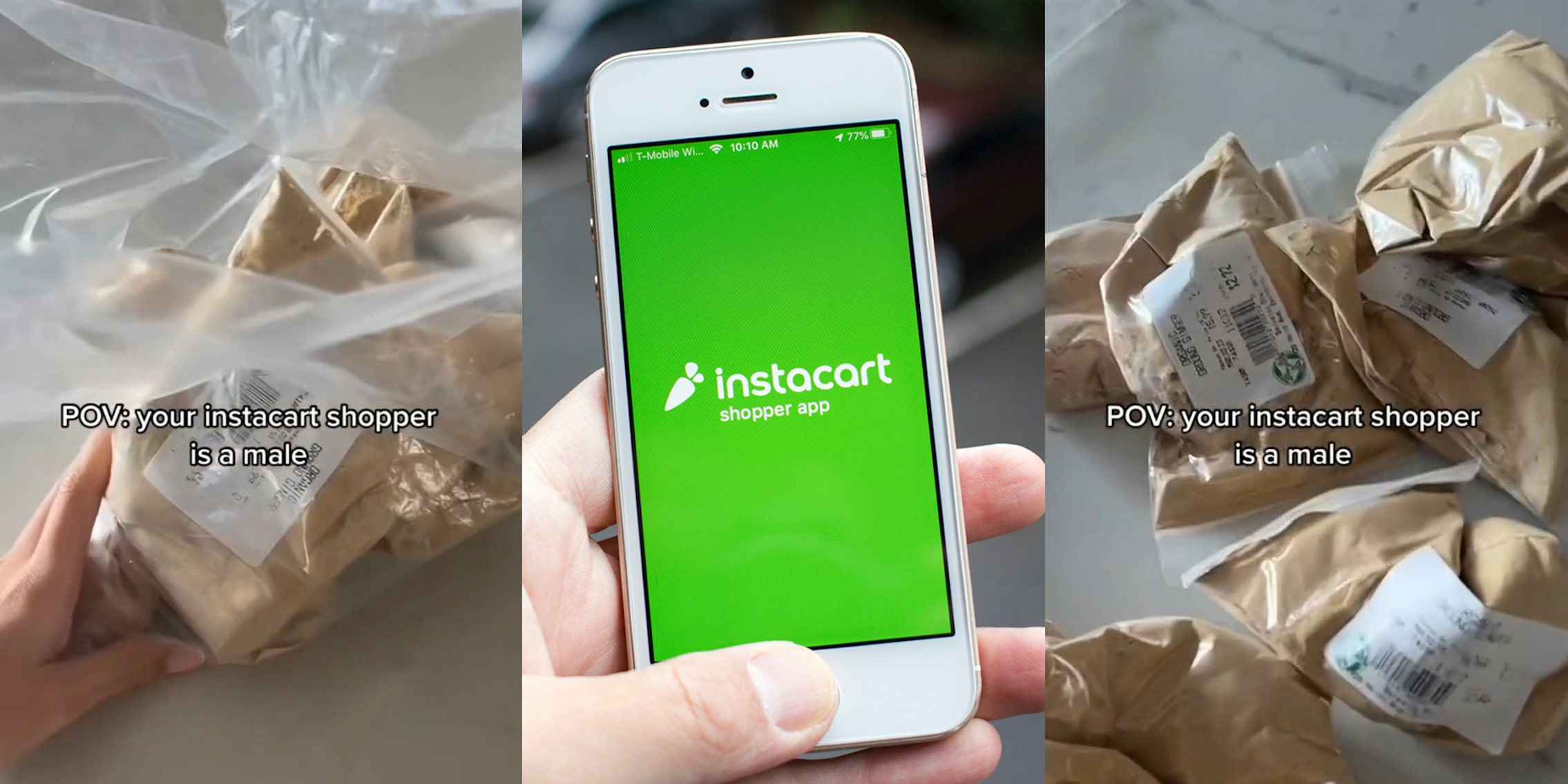 hand on bag on counter with caption 'POV: your instacart shopper is a male' (l) Instacart shopper app on phone in hand in parking lot (c) bags of ground ginger on table with caption 'POV: your instacart shopper is a male' (r)