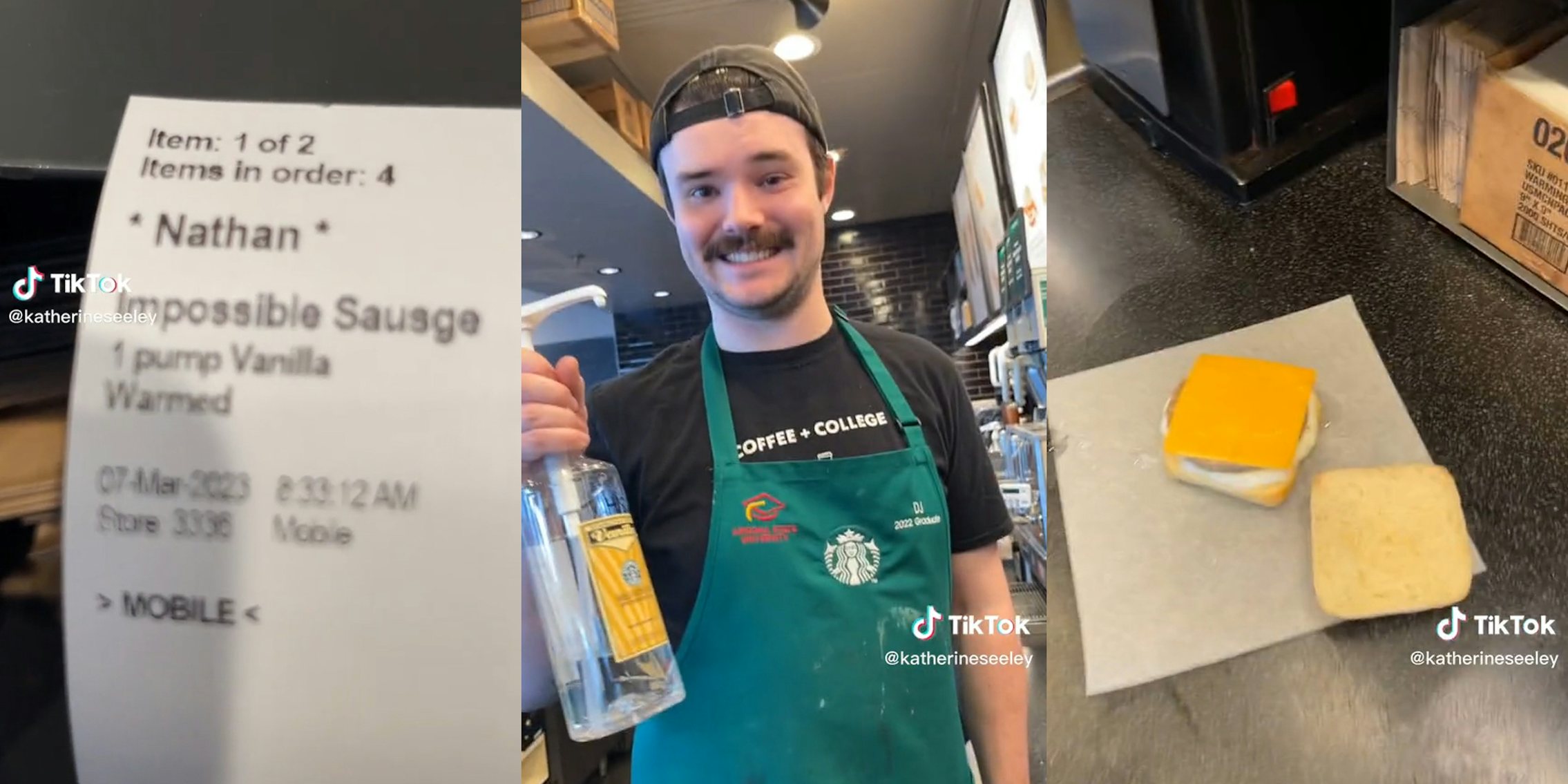 Starbucks employee shows receipt with order for Impossible Sausage, 1 pump vanilla, warmed
