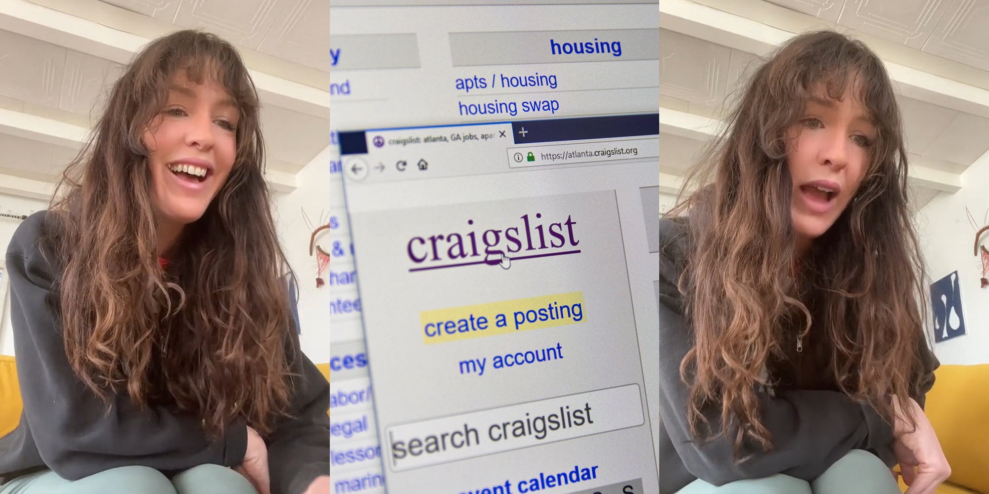 person reading Craigslist ad on laptop speaking (l) Craigslist on laptop screen (c) person reading Craigslist ad on laptop speaking (r)