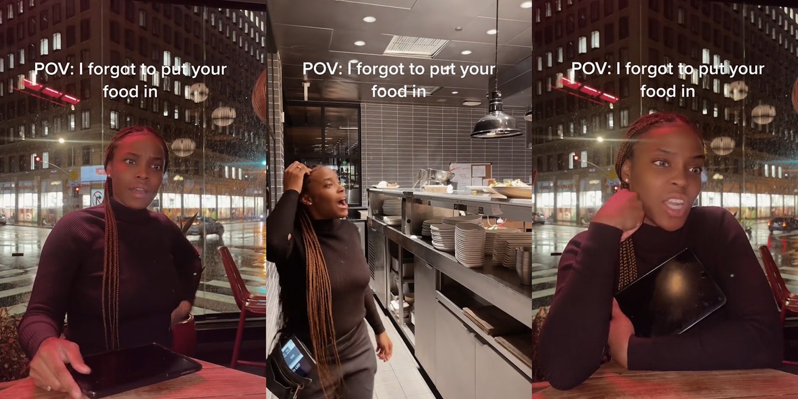 server speaking with caption 'POV: I forgot to put your food in' (l) server speaking in kitchen with caption 'POV: I forgot to put your food in' (c) server speaking with caption 'POV: I forgot to put your food in' (r)