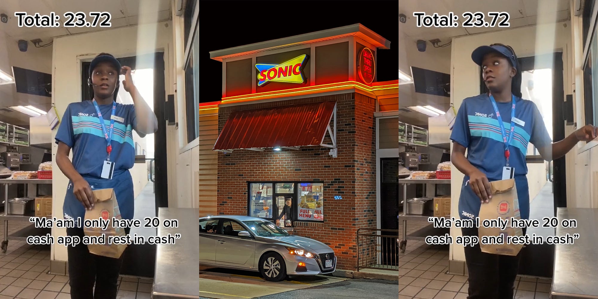 Sonic employee with headset on with caption 'Total: 23.72 'Ma'am I only have 20 on cash app and rest in cash'' (l) Sonic drive thru at night with car pulled up (c) Sonic employee with headset on with caption 'Total: 23.72 'Ma'am I only have 20 on cash app and rest in cash'' (r)