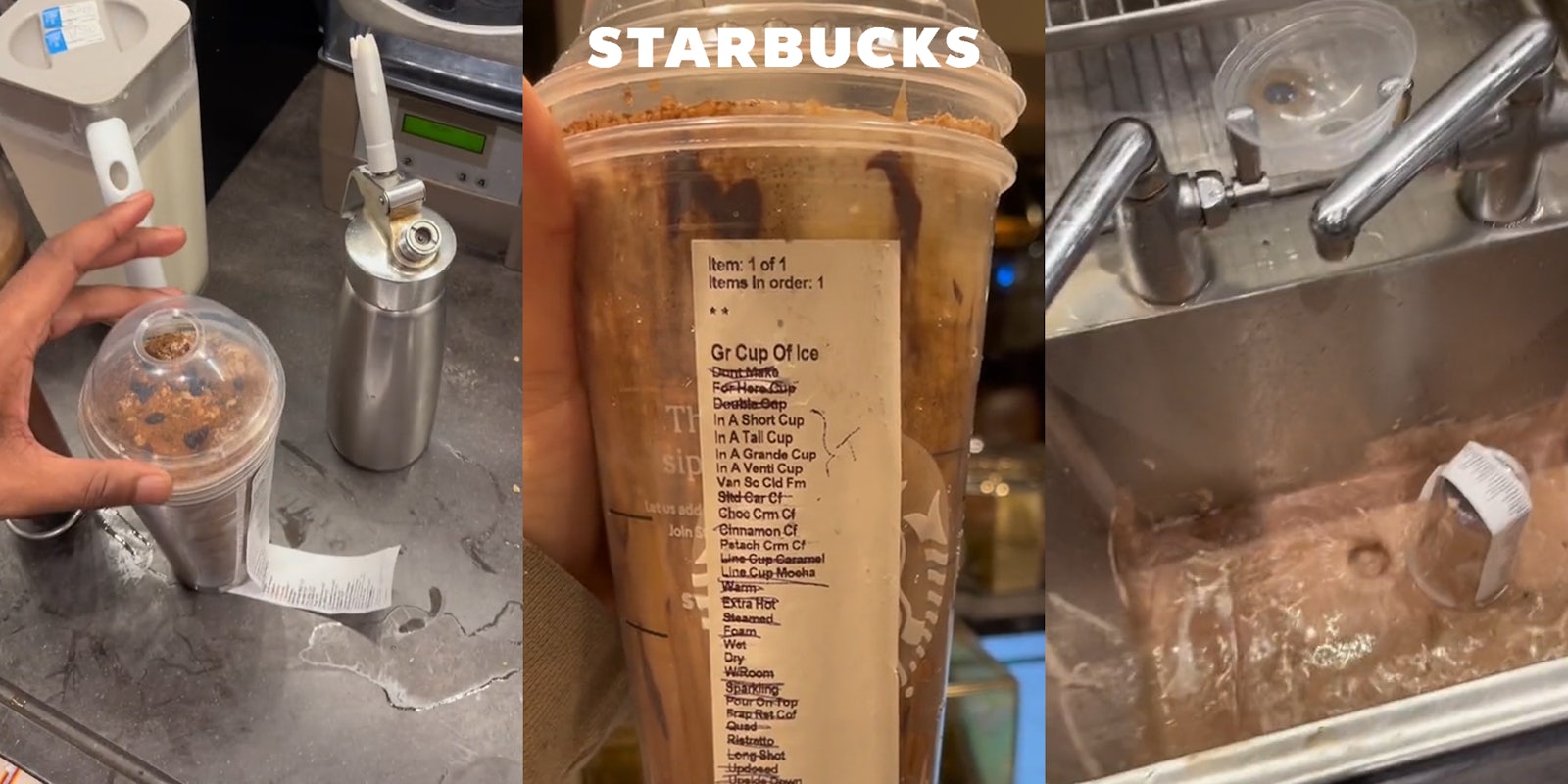 Starbucks barista with hand on drink with long label (l) Starbucks drink with long label with Starbucks logo up top (c) Starbucks drink spilled in sink (r)