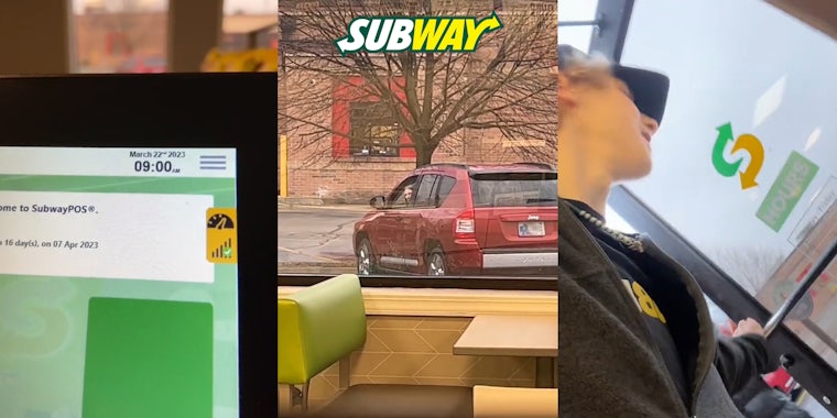 Subway POS screen with clock showing 9:00AM (l) person waiting in car in Subway parking lot through window with Subway logo above (c) Subway employee opening door (r)