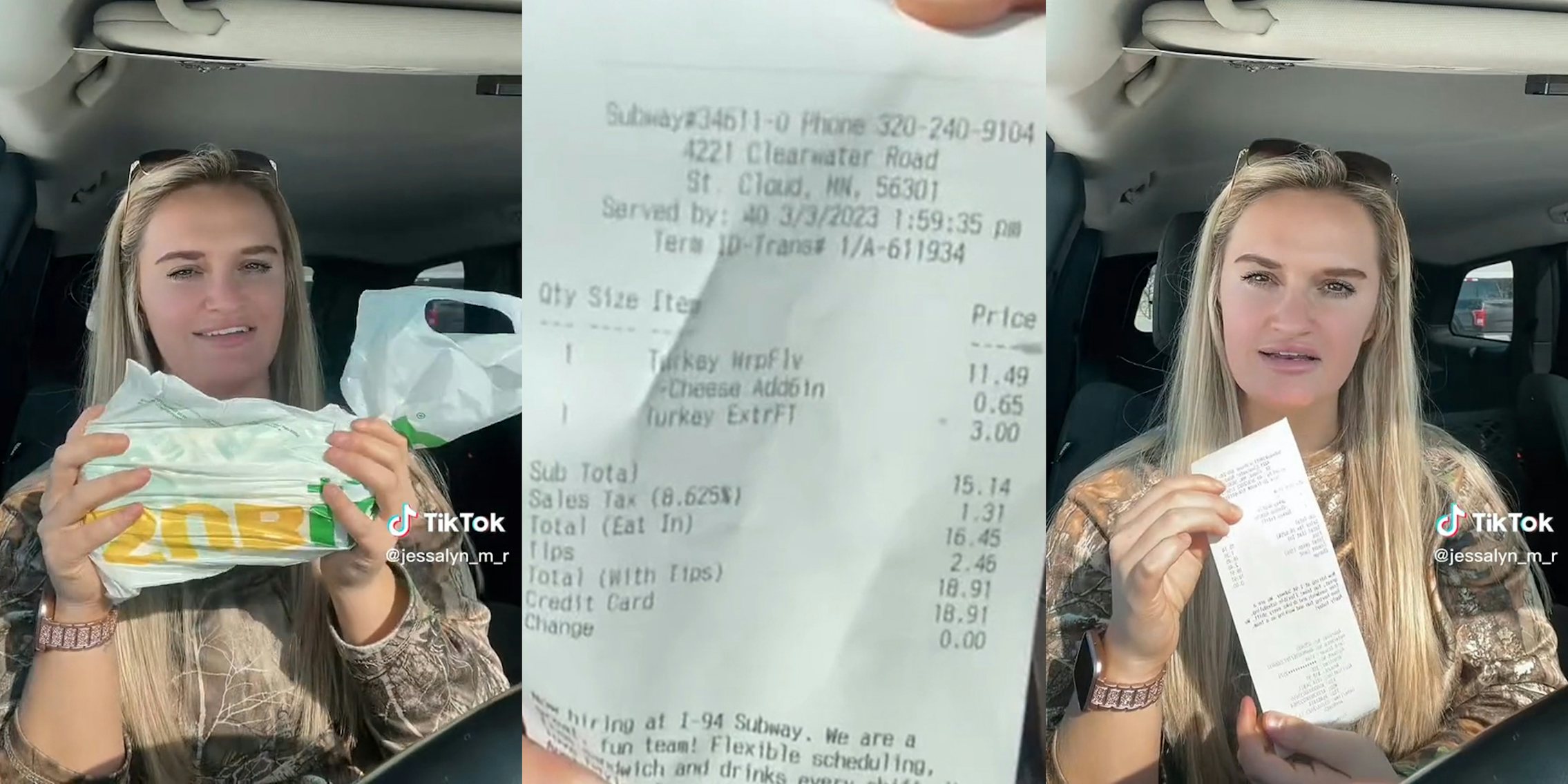 woman in car showing receipt for subway turkey wrap