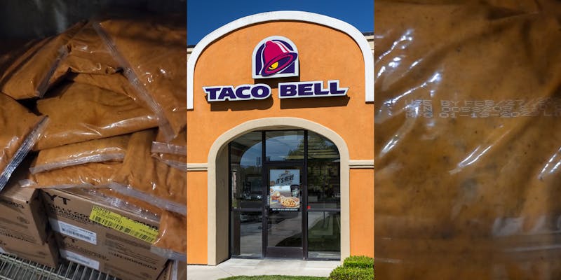 Taco Bell meat in bags on metal wrack (l) Taco Bell building entrance with sign and blue sky (c) Taco Bell meat with Use By date "Feb/27/2023" (r)