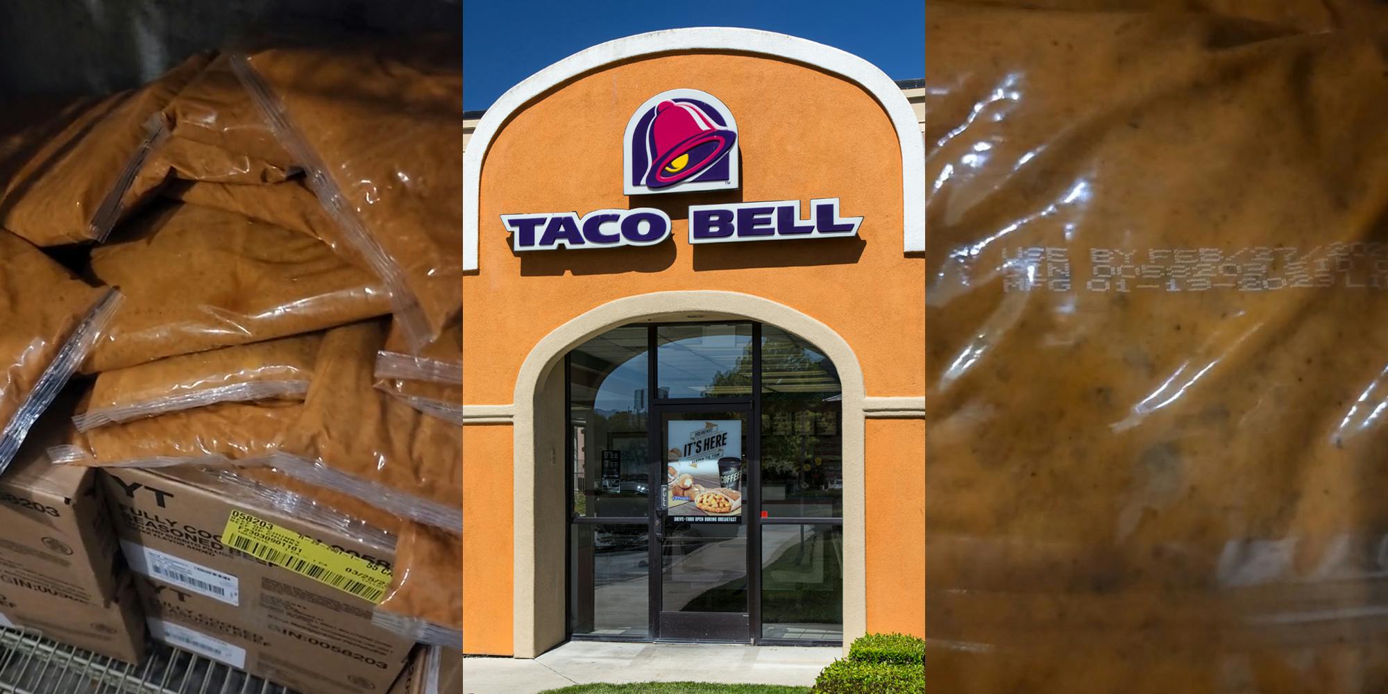 Taco Bell meat in bags on metal wrack (l) Taco Bell building entrance with sign and blue sky (c) Taco Bell meat with Use By date 'Feb/27/2023' (r)