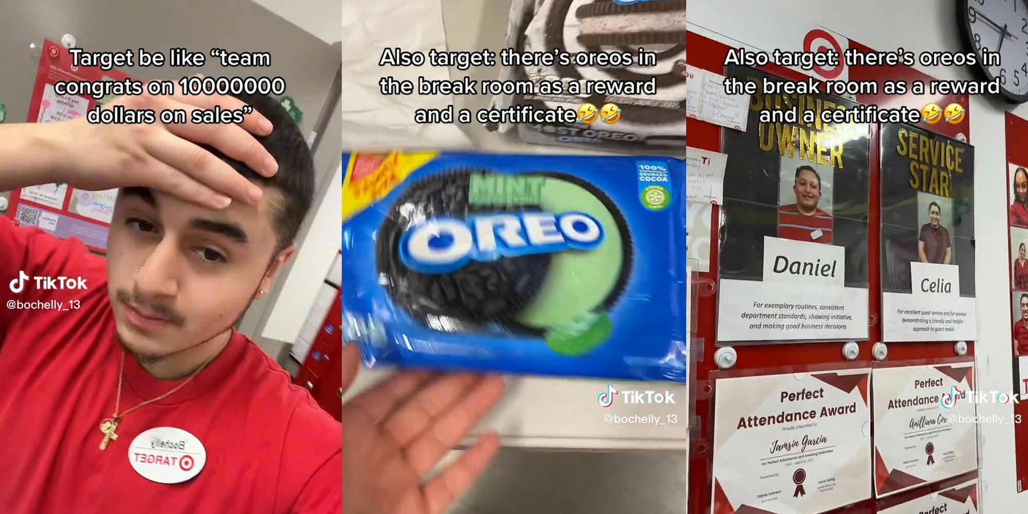 target employee with oreo's and certificates