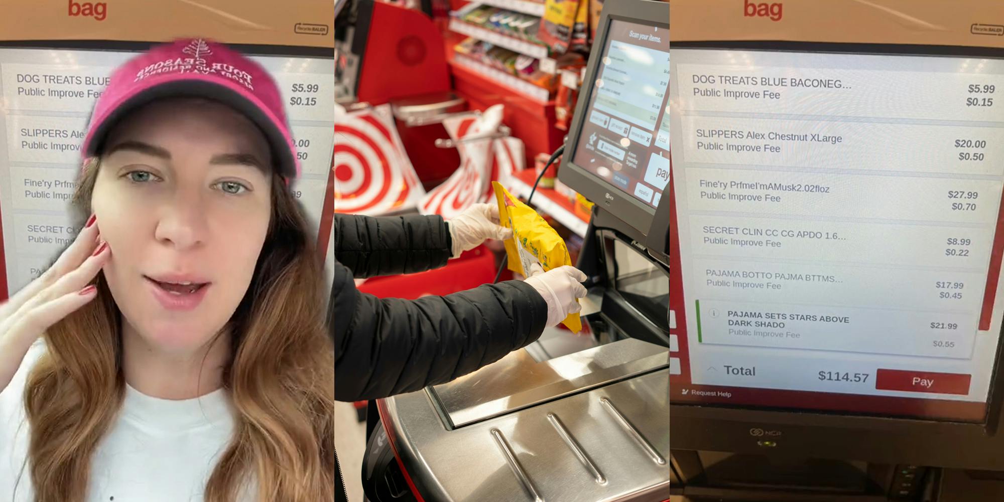 Target customer greenscreen TikTok over Target self checkout charges ad total (l) woman using Target self checkout (c) Target self checkout screen showing "Public Improvement Fee"' on every item (r)