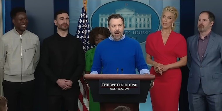 Ted Lasso cast in the White House speaking at podium