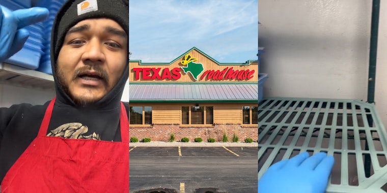 Texas Roadhouse employee speaking (l) Texas Roadhouse building with sign and parking lot (c) Texas Roadhouse employee showing empty metal wrack for medallions (r)