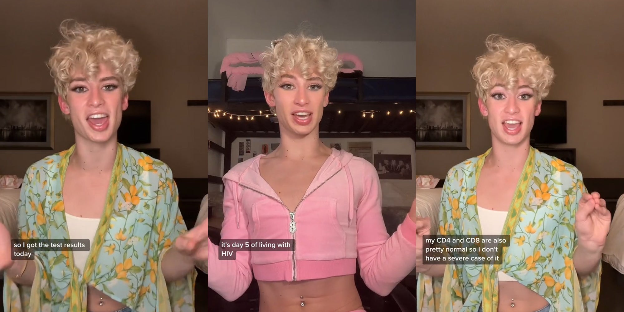 person speaking with caption 'so I got the test results today' (l) person speaking with caption 'it's day 5 of living with HIV' (c) person speaking with caption 'my CD4 and CD8 are also pretty normal so I don't have a severe case of it' (r)