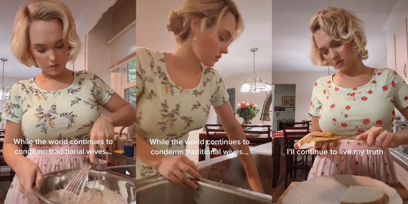 woman baking with caption "While the world continues to condemn traditional wives..." (l) woman cleaning sink with caption "While the world continues to condemn traditional wives..." (c) woman spreading peanut butter on bread with caption "While the world continues to condemn traditional wives..." (r)