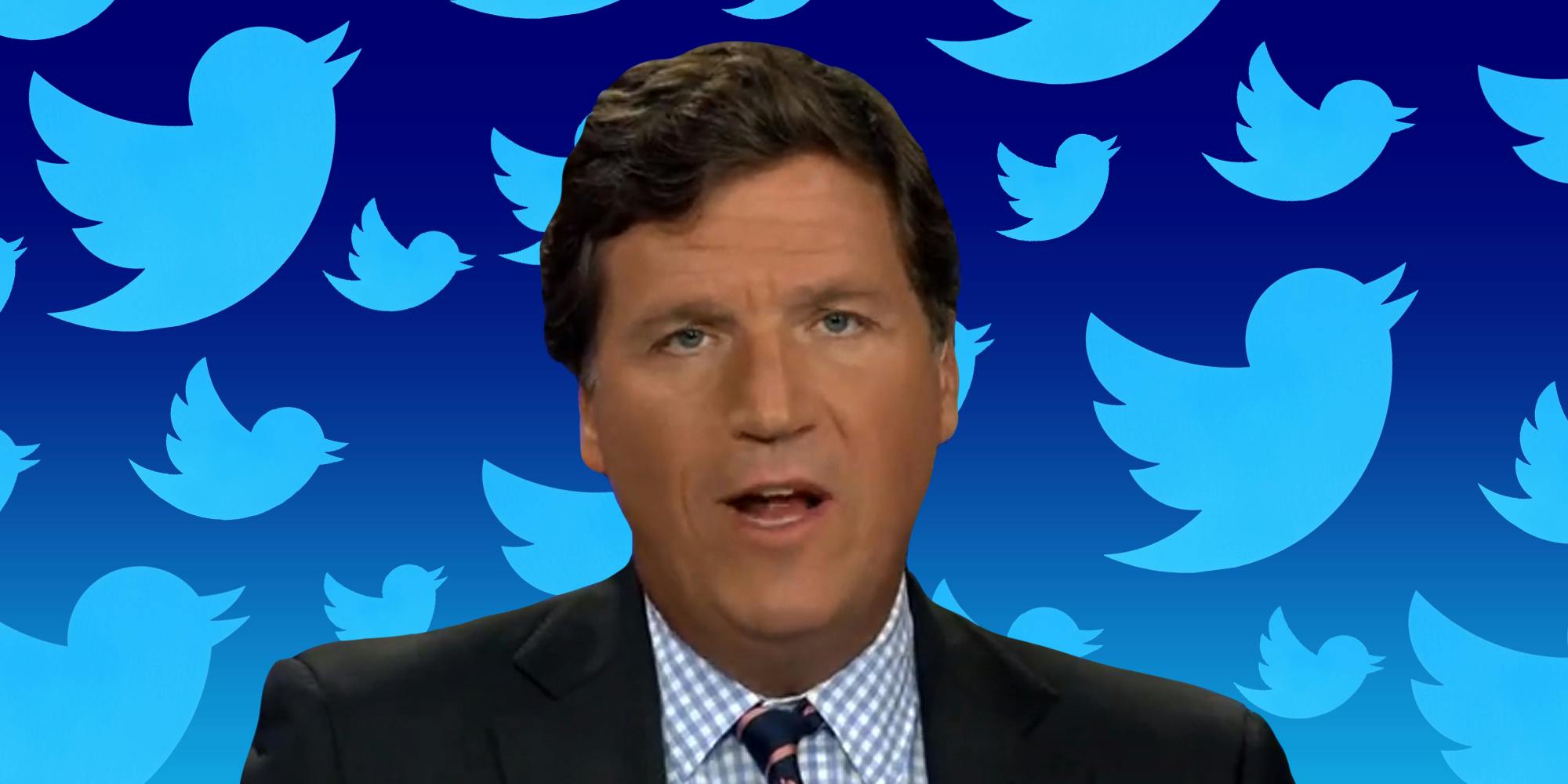 Tucker Carlson speaking in front of dark to light blue gradient background with Twitter bird logos random pattern