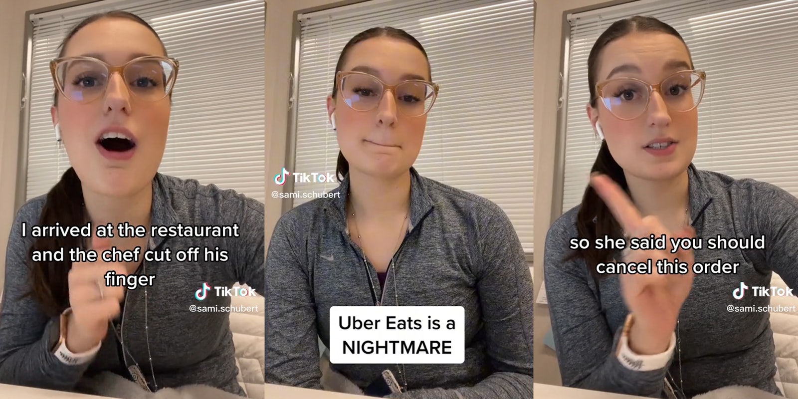 young woman with captions 'i arrived at the restaurant and the chef cut off his finger', 'uber eats is a nightmare', and 'so she said you should cancel this order'