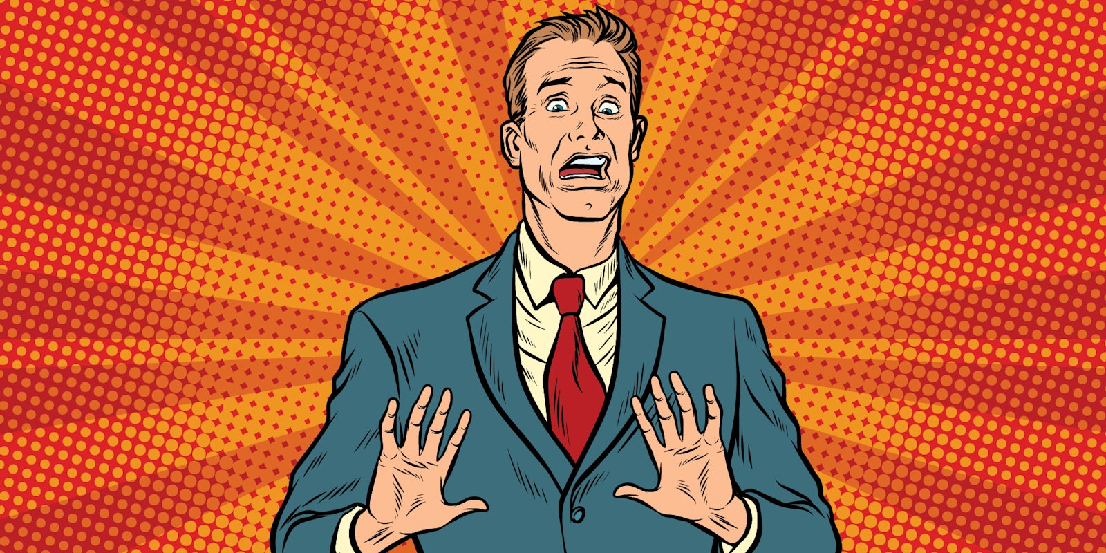 scared man with hands up in front of orange pop art background