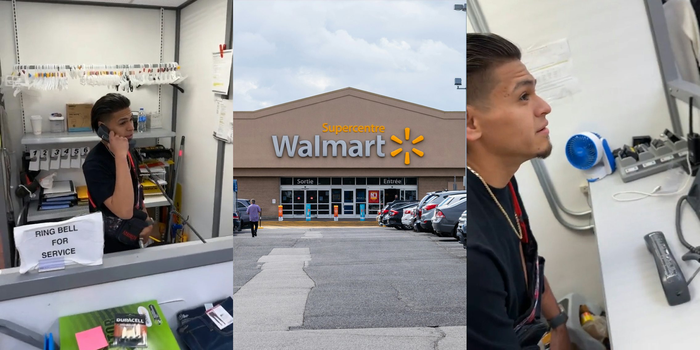 Walmart employee on phone (l) Walmart building with sign and parking lot (c) Walmart employee on speaker phone with customer complaining (r)