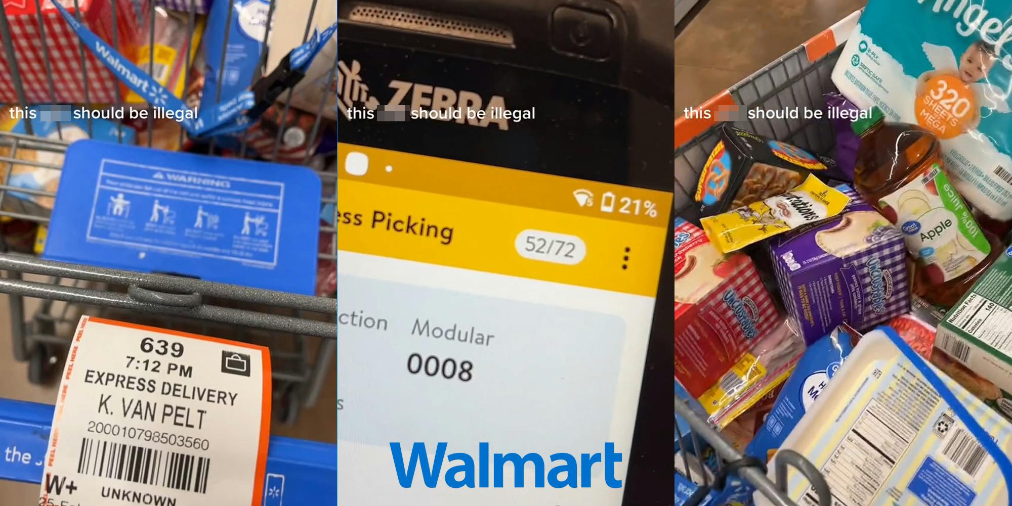 Walmart cart full of groceries with tag on handle "EXPRESS DELIVERY" with caption "this blank should be illegal" (l) Zebra scanner displaying 52/72 items with caption "this blank should be illegal" with Walmart logo at bottom (c) Walmart cart full of groceries with caption "this blank should be illegal" (r)