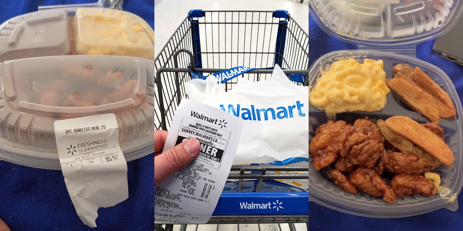 Walmart $5.97 hot meal in container (l) hand holding Walmart receipt with cart (c) Walmart hot food in container with lid up (r)