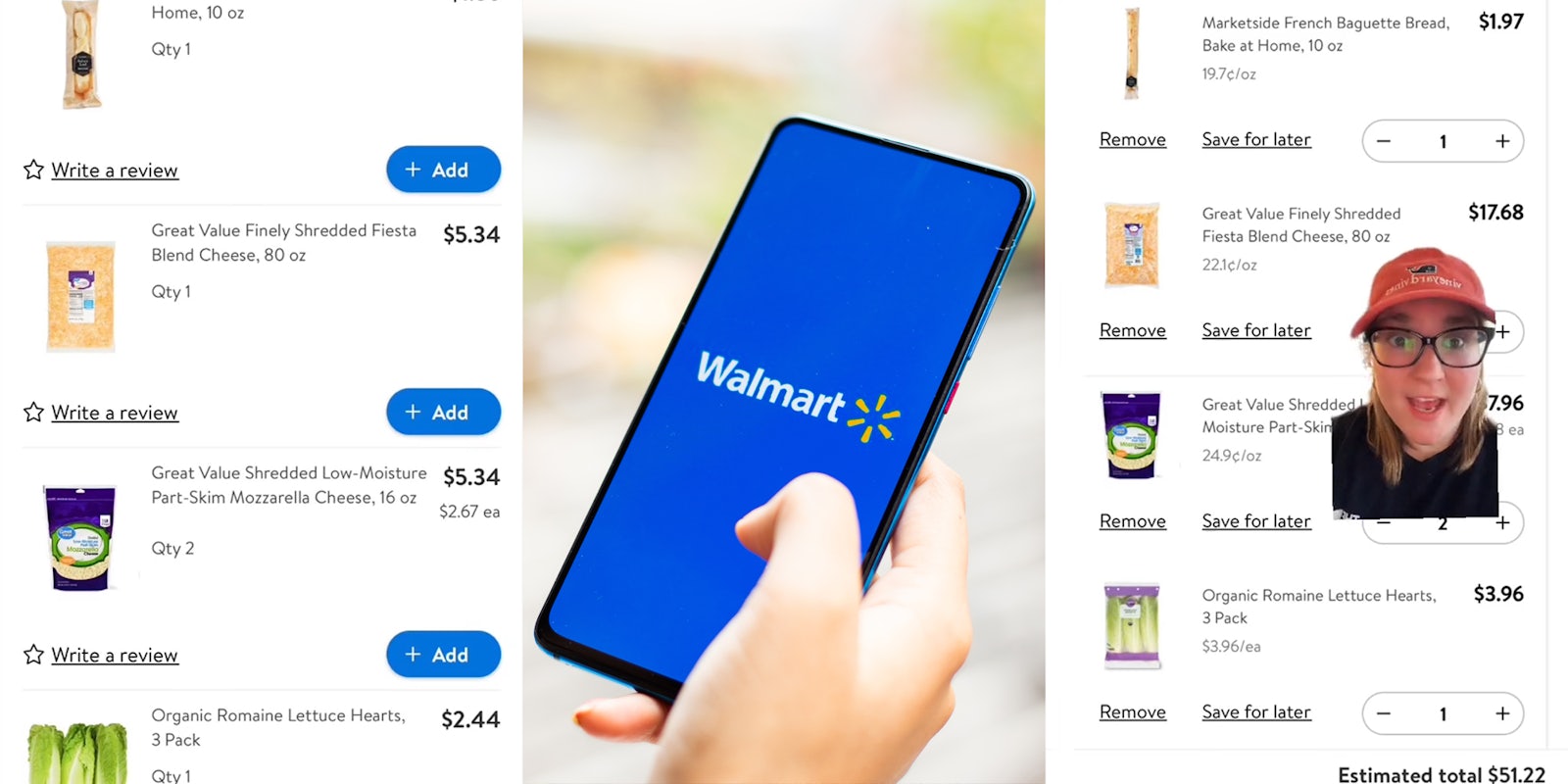 Walmart items with prices online (l) Walmart app on phone in hand in front of blurred outdoor background (c) person greenscreen TikTok over higher Walmart price for same items (r)