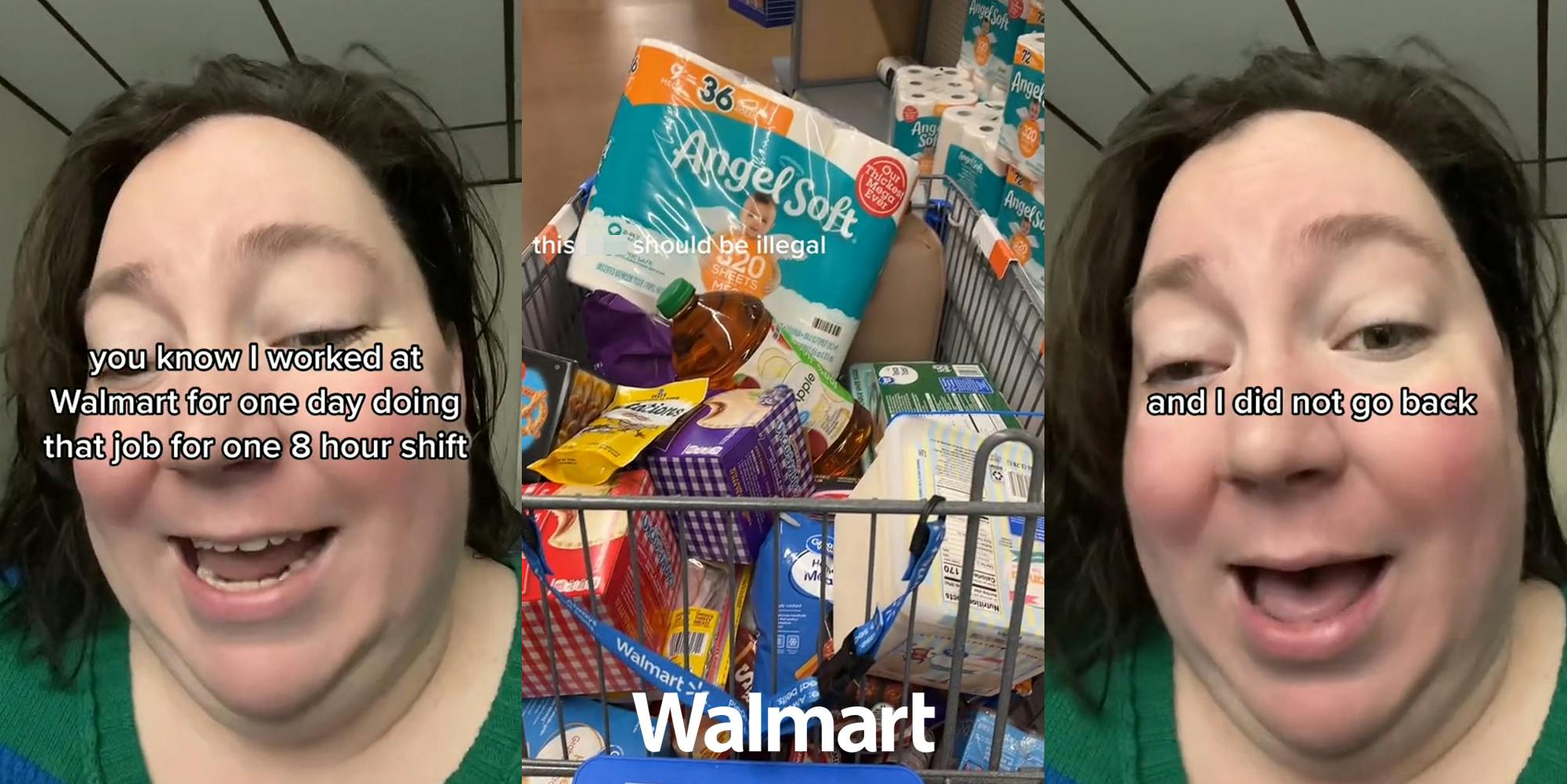 former Walmart employee speaking with caption "you know I worked at Walmart for one day doing that job for one 8 hour shift" (l) Walmart online order picker with grocery cart full with caption "this blank should be illegal" with Walmart logo at bottom (c) former Walmart employee speaking with caption "and I did not go back" (r)