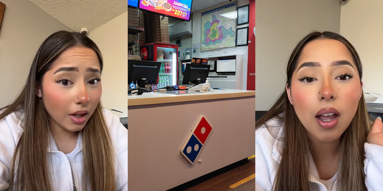 worker speaking in front of tan walls (l) Domino's interior with cash registers and sign (c) worker speaking in front of tan walls (r)