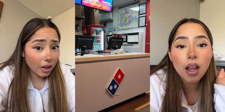 worker speaking in front of tan walls (l) Domino's interior with cash registers and sign (c) worker speaking in front of tan walls (r)