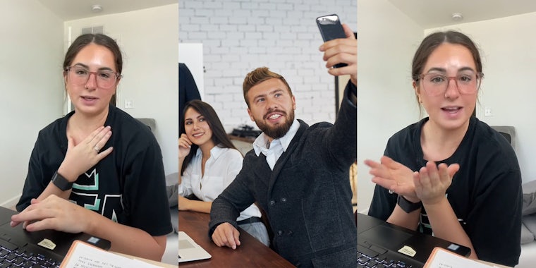 worker speaking at laptop in front of white walls (l) CEO taking selfie with worker (c) worker speaking at laptop in front of white walls (r)
