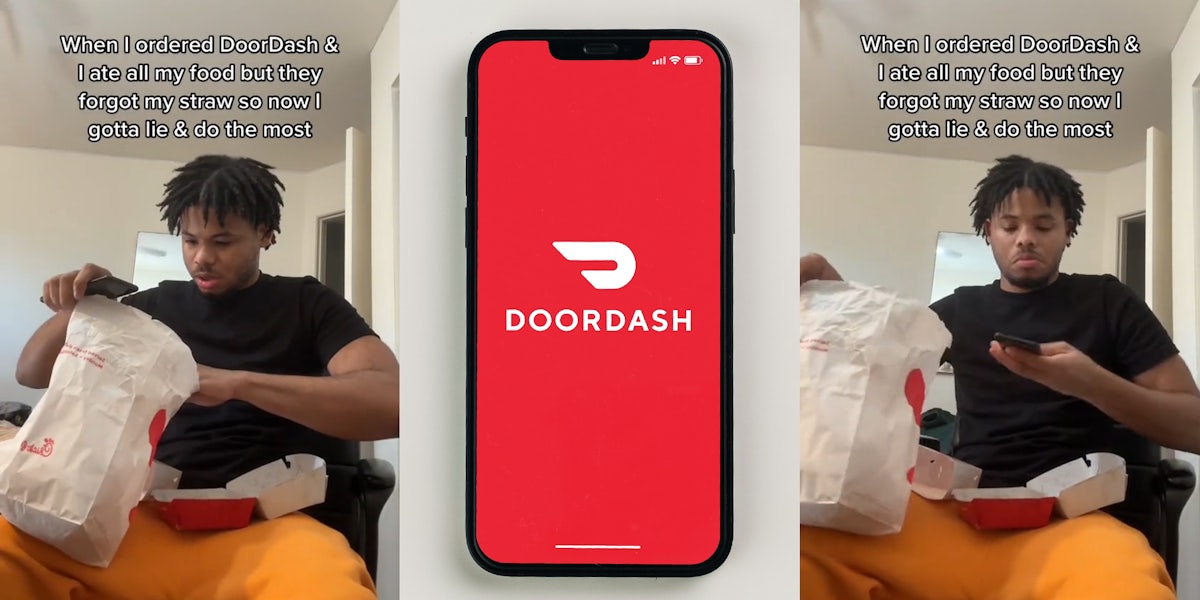 DoorDash customer with bag of food with caption 'When I ordered DoorDash & I ate all my food but they forgot my straw so now I gotta lie & do the most' (l) DoorDash on phone screen in front of light grey background (c) DoorDash customer with bag of food with caption 'When I ordered DoorDash & I ate all my food but they forgot my straw so now I gotta lie & do the most' (r)