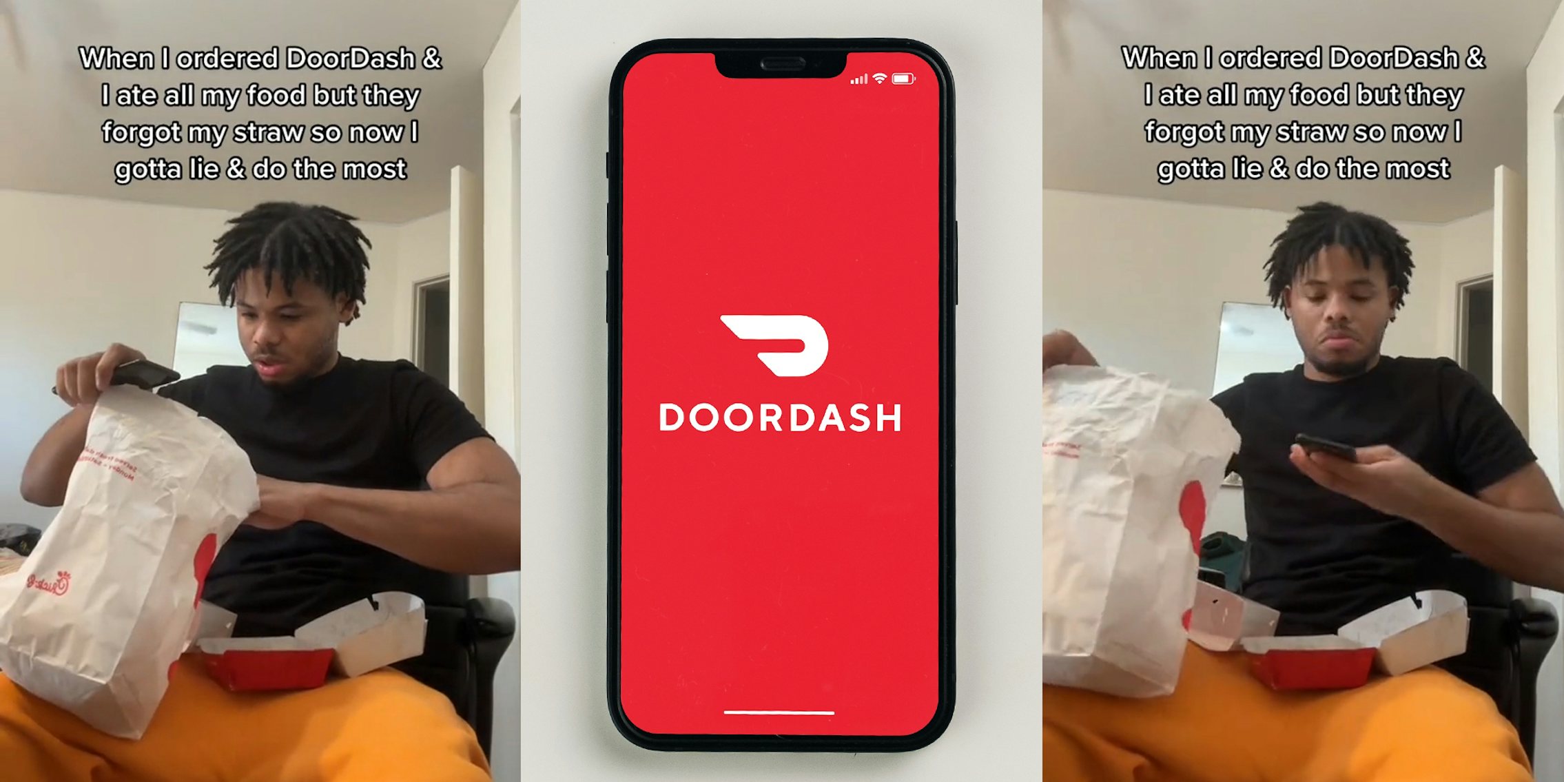 DoorDash customer with bag of food with caption 'When I ordered DoorDash & I ate all my food but they forgot my straw so now I gotta lie & do the most' (l) DoorDash on phone screen in front of light grey background (c) DoorDash customer with bag of food with caption 'When I ordered DoorDash & I ate all my food but they forgot my straw so now I gotta lie & do the most' (r)