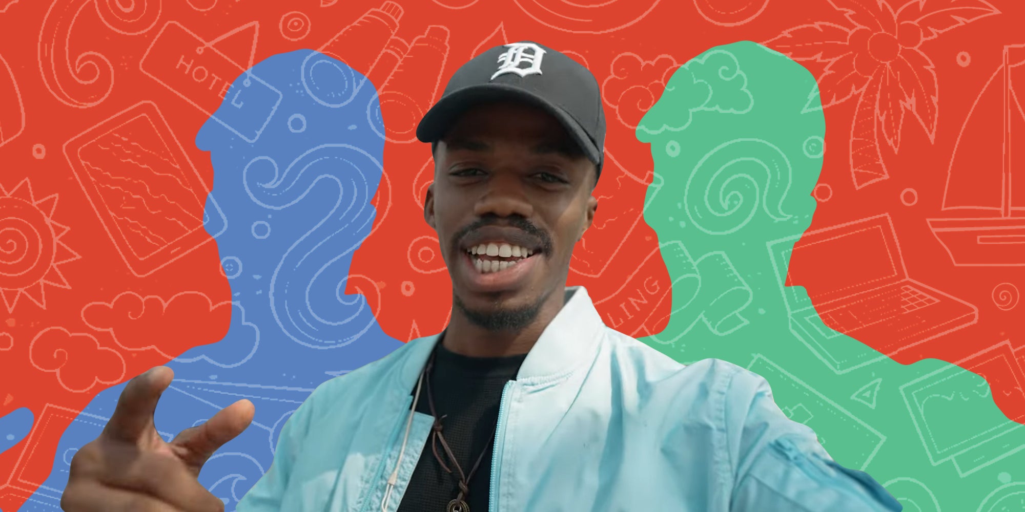 Niyi Fagbemi in front of red travel doodle background Passionfruit Remix