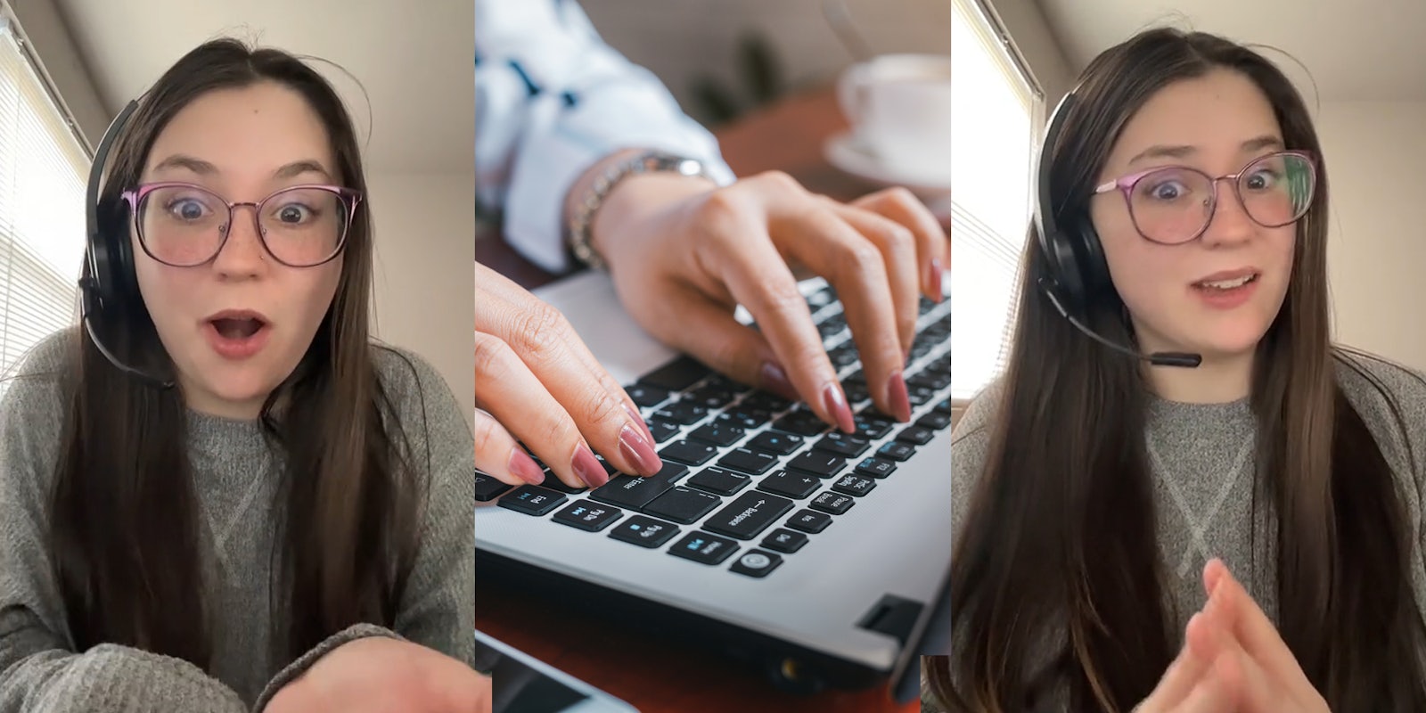worker speaking with headset on (l) hands typing on laptop keyboard (c) worker speaking with headset on (r)
