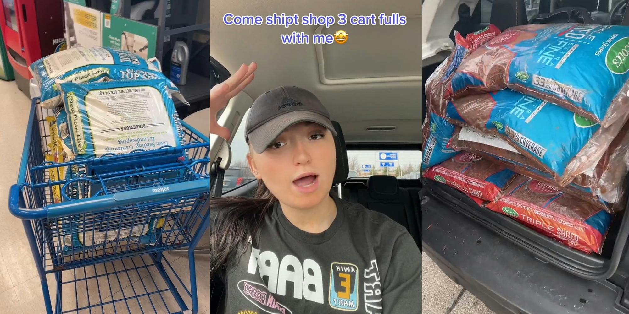 cart full of top soil bags (l) person speaking in car with caption "Come shipt shop 3 carts full with me" (c) bags of mulch stacked in car trunk (r)