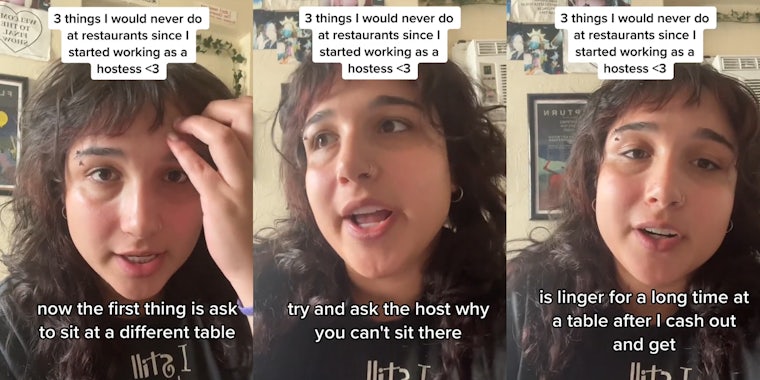 restaurant hostess speaking with caption '3 things I would never do at restaurants since I started working as a hostess