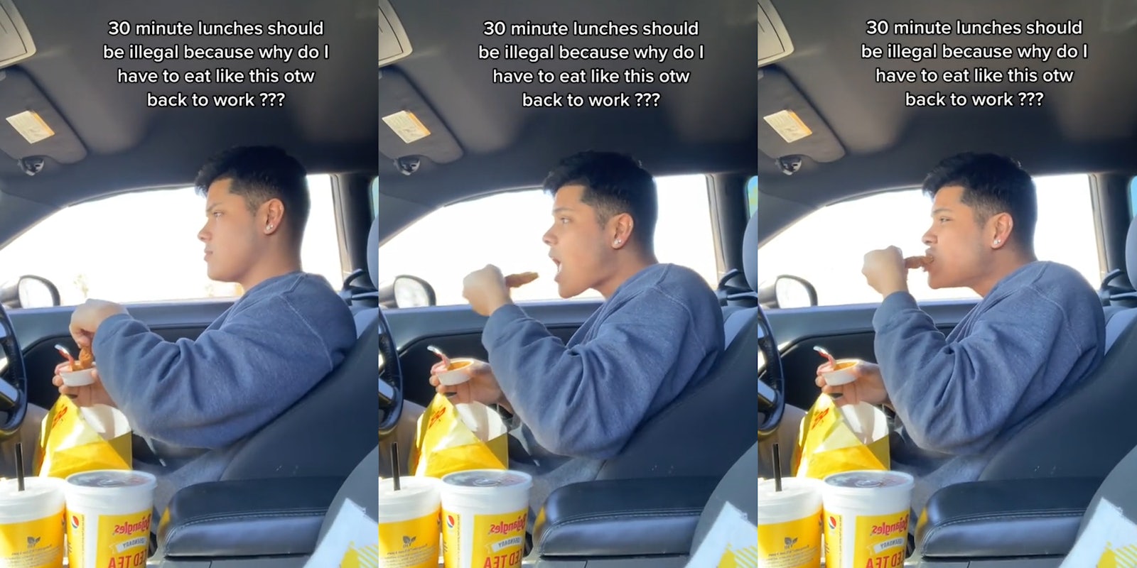 worker dipping chicken into sauce in car with caption '30 minute lunches should be illegal because why do I have to eat like this otw back to work ???' (l) worker holding chicken up to mouth in car with caption '30 minute lunches should be illegal because why do I have to eat like this otw back to work ???' (c) worker biting chicken in car with caption '30 minute lunches should be illegal because why do I have to eat like this otw back to work ???' (r)