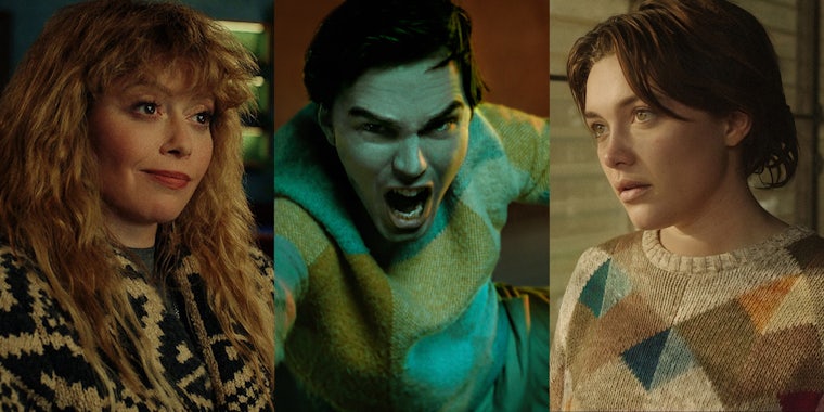 Natasha Lyonne as Charlie Cale in Poker Face (l) Nicolas Hoult as Renfield in Renfield (c) Florence Pugh as Allison in A Good Person (r)